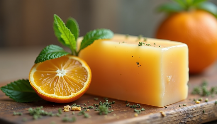 Close-up view of handcrafted soap bar with dried orange peel and peppermint leaves