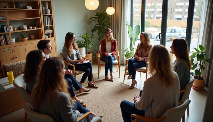 High angle view of a small group gathered in a local wellness shop for a networking event