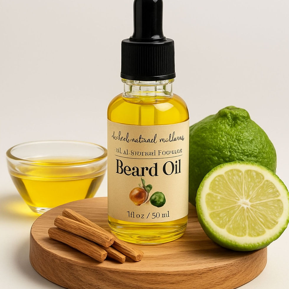 Thumbnail: Wood board display with glass bottle with beard oil, bergamot and sandalwood on board
