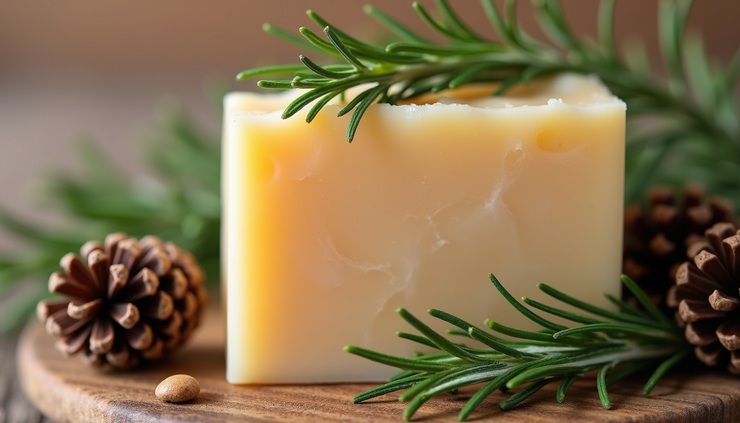 Close-up view of natural soap bar with rosemary sprigs and pine cones