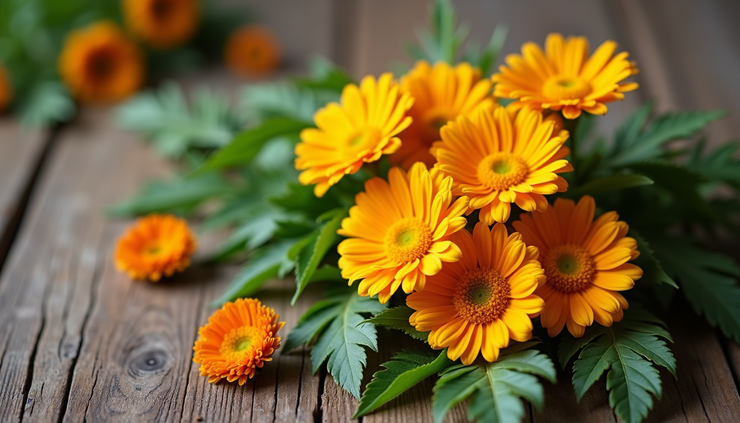 High angle view of natural ingredients like calendula flowers and arnica on a wooden table