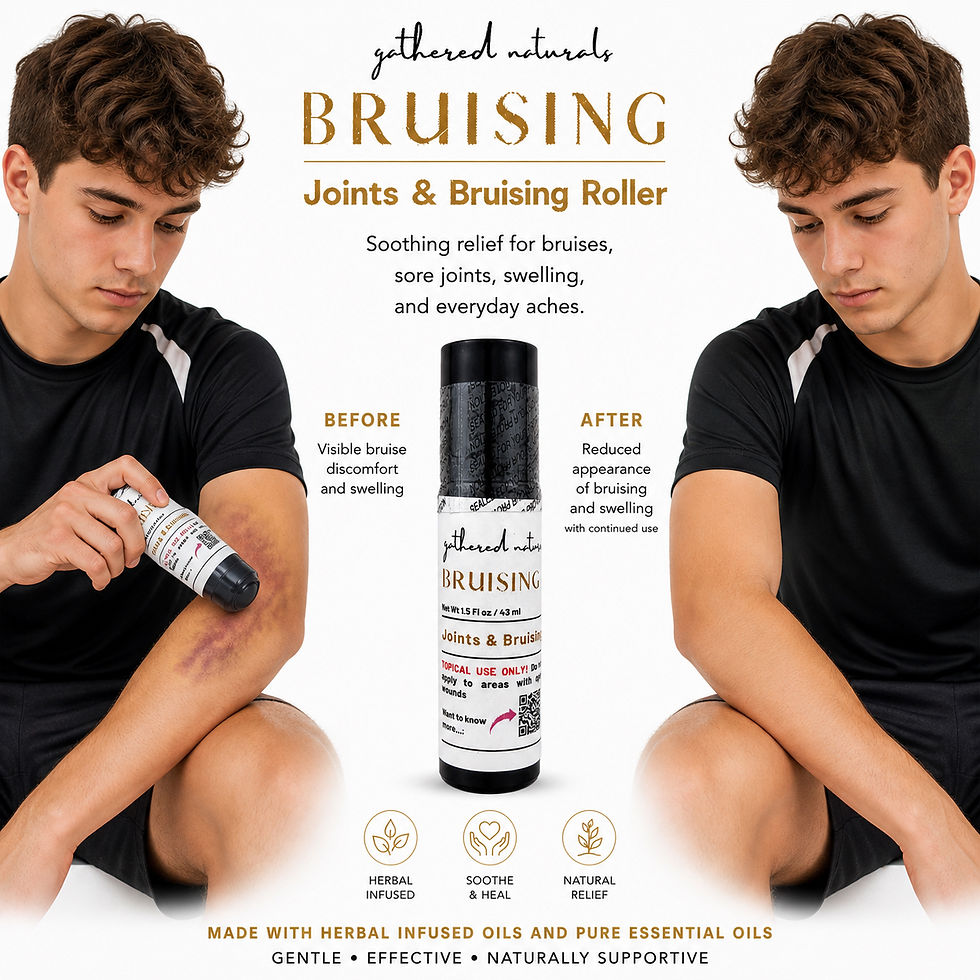 Thumbnail: a young man using gathered natural wellness's botanical roller serum for bruises