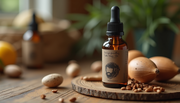 Close-up view of a bottle of Gathered Natural Wellness beard oil on a wooden surface