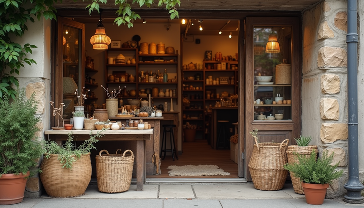 Eye-level view of a cozy artisan store with handmade crafts on display