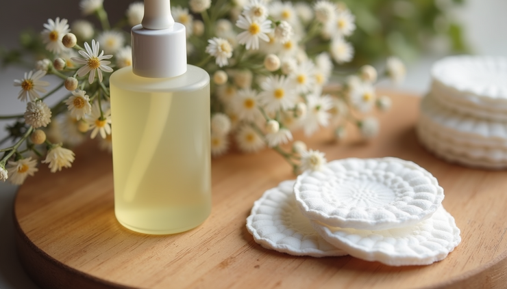 High angle view of natural skincare routine setup with serum bottle, cotton pads, and fresh flowers