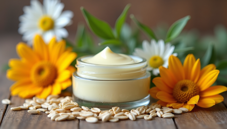 Close-up view of natural herbal salve jar with oats and flowers