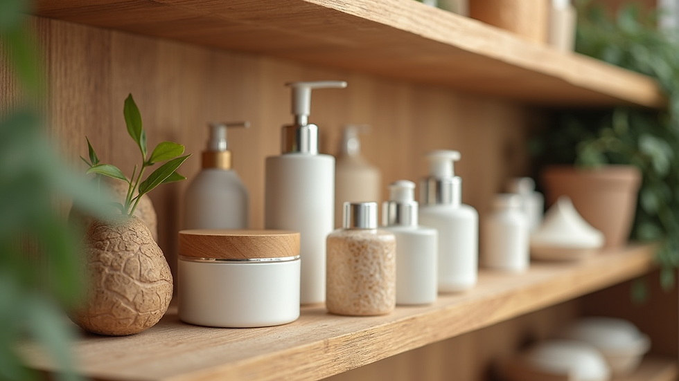 Eye-level view of eco-friendly wellness products arranged on wooden shelf