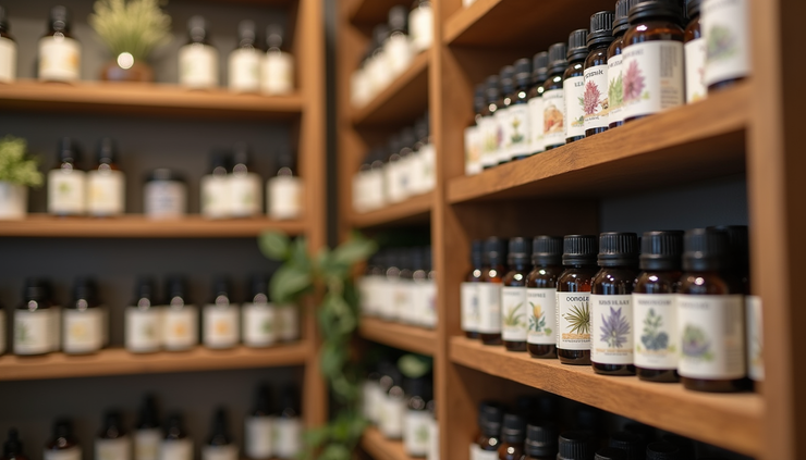 Eye-level view of herbal tincture bottles displayed on wooden shelves in a wellness store