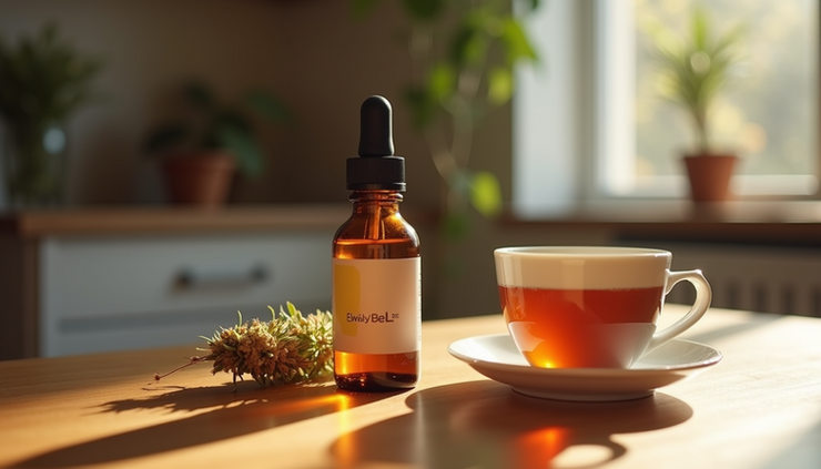 Eye-level view of a small bottle of Slippery Elm tincture next to a cup of warm tea