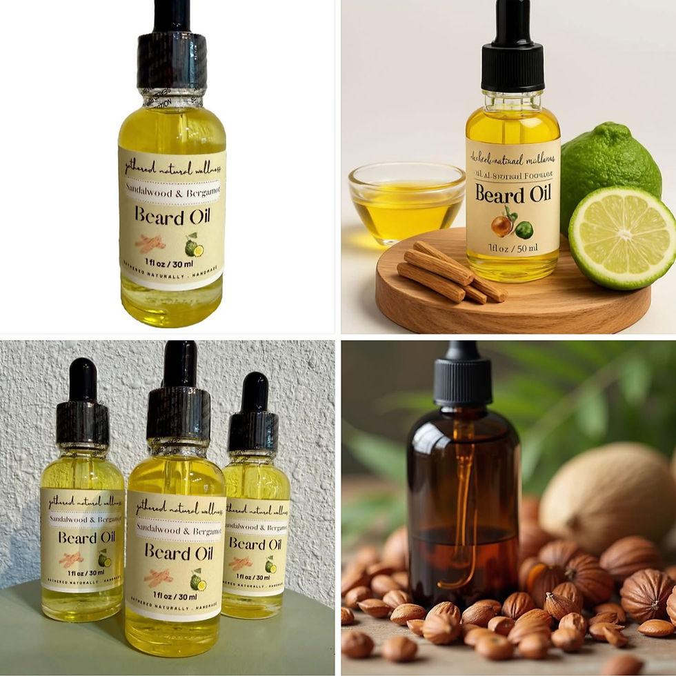 Thumbnail: Four pictures displaying advertisements of organic beard oil with sandalwood and bergamot