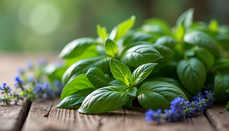 Eye-level view of fresh holy basil, lemon balm, and blue vervain herbs arranged on a rustic wooden table