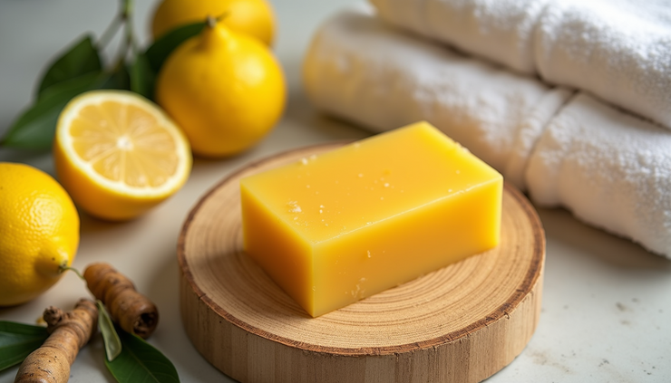 High angle view of a spa setting with lemon and turmeric soap, natural towels, and fresh lemons