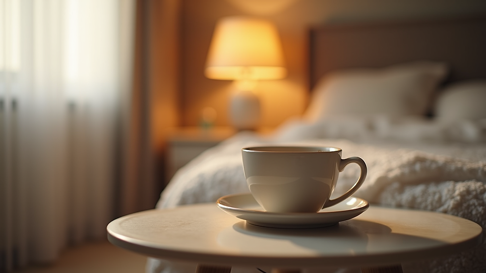 Close-up view of a nighttime bedroom setup with a cup of calming drink on the bedside table