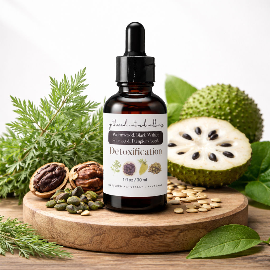 Parasite detox tincture from Gathered Natural Wellness in amber bottle on wood table with ingredients surrounding it