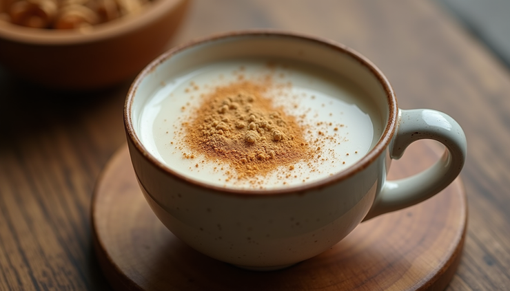 Close-up view of a warm cup of moon milk with powder on a wooden table