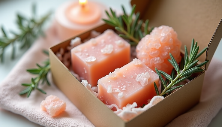 High angle view of gift box with Organic Pink Himalayan Salt Soap Bar and natural spa items