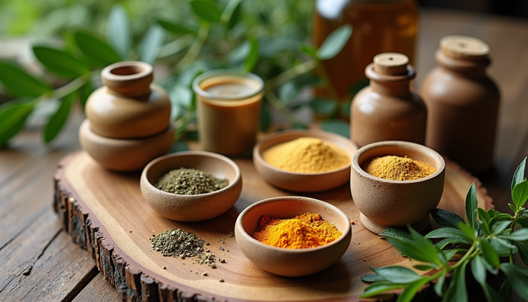 High angle view of natural wellness products and herbal powders on rustic table