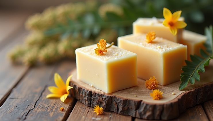Eye-level view of soap bars with shea butter and botanical flowers