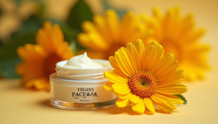 Eye-level view of a small jar of vegan face balm next to fresh calendula flowers