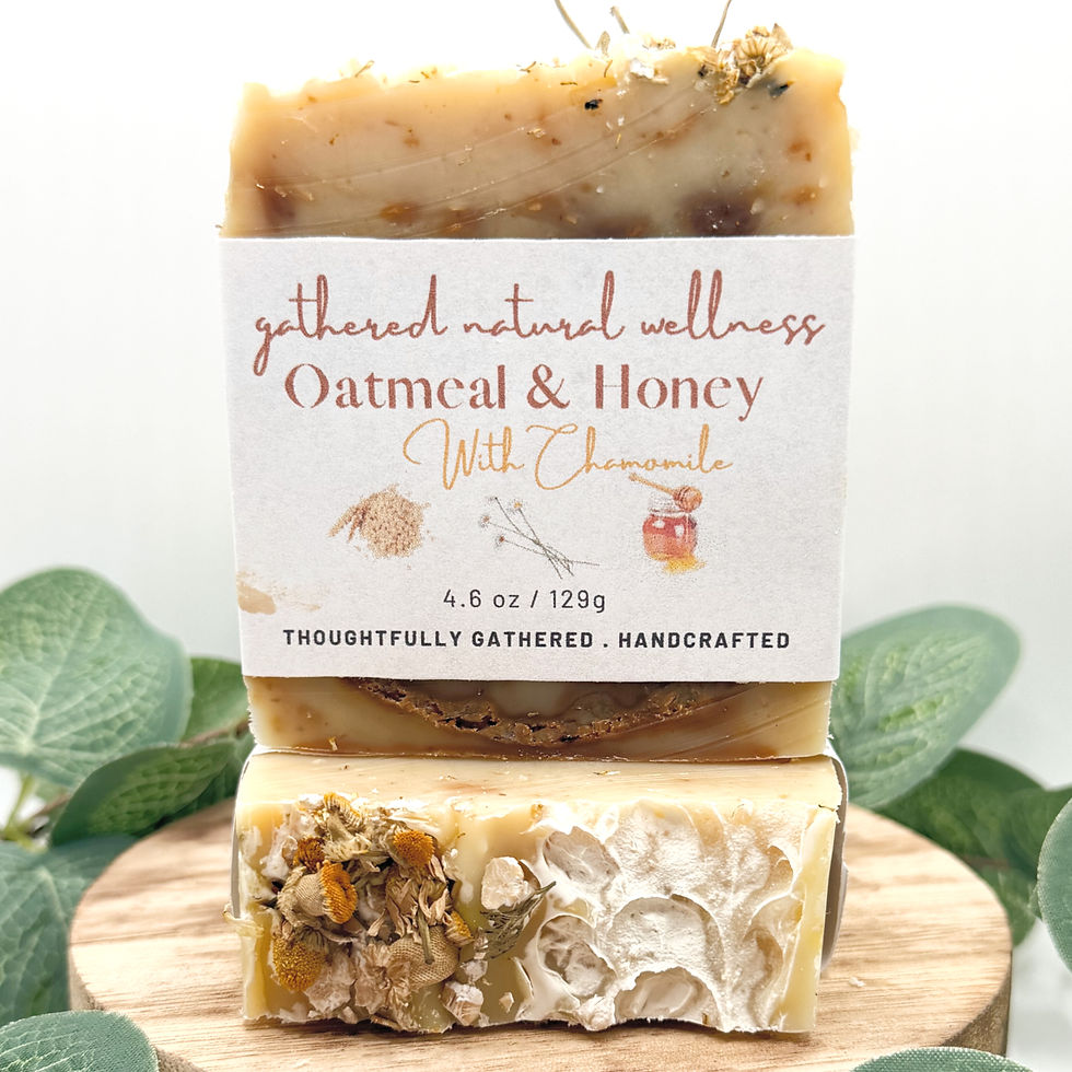 A Oatmeal & Honey, Chamomile Natural Organic Soap bar on a wood stand display