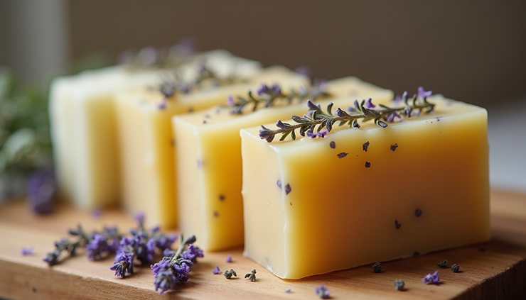 Close-up view of artisan soap bars with botanical ingredients
