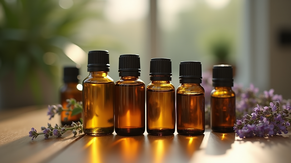 Close-up view of essential oil bottles on a wooden surface