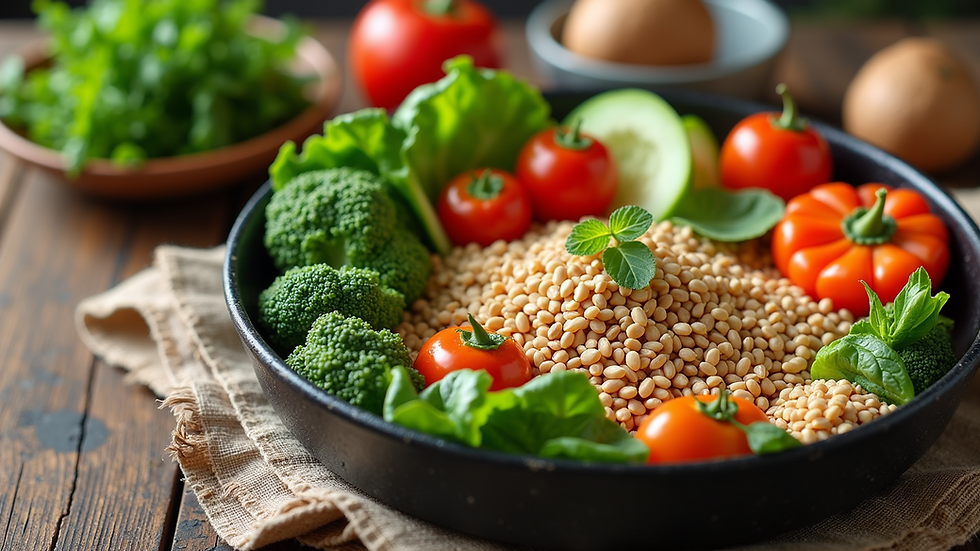 High angle view of a healthy meal with fresh vegetables and grains