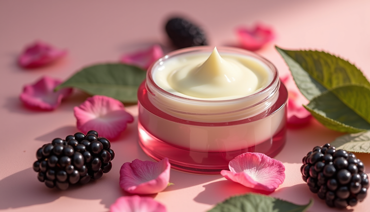 Close-up view of a jar of natural organic face balm with botanical ingredients around it