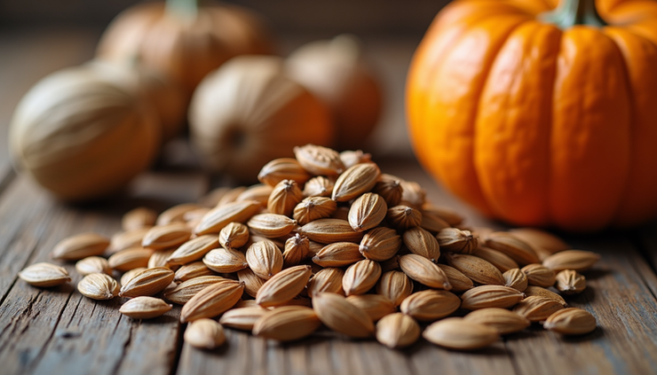 Eye-level view of fresh organic pumpkin seeds and black walnut hulls on a rustic wooden surface