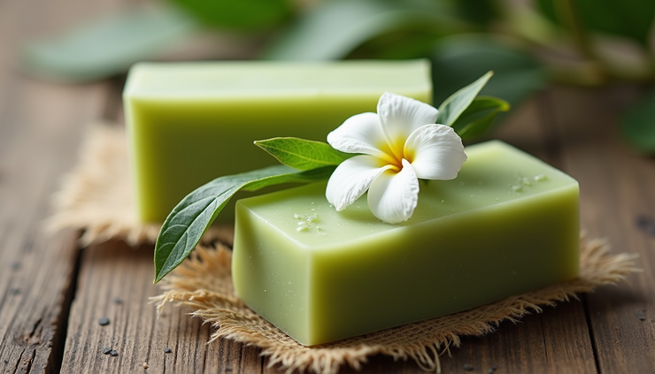 Close-up view of green tea and jasmine artisan soap bar with natural textures