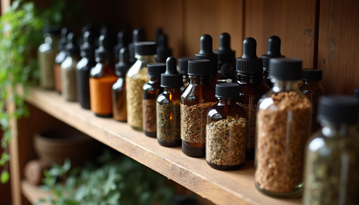 High angle view of a rustic apothecary shelf filled with herbal tincture bottles and dried herbs