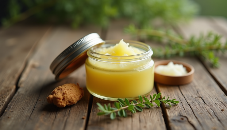 Close-up view of a glass jar with natural salve on a wooden surface