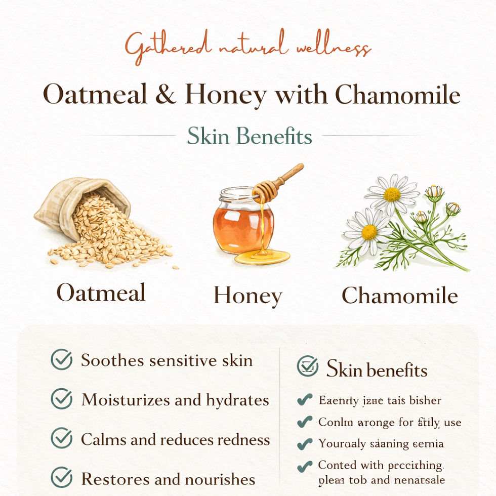 Thumbnail: illustration on ingredients in gathered natural wellness's natural oatmeal honey and chamomile soap with benefits listed