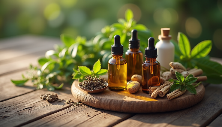 High angle view of natural herbal products and organic body oils arranged on rustic wooden table