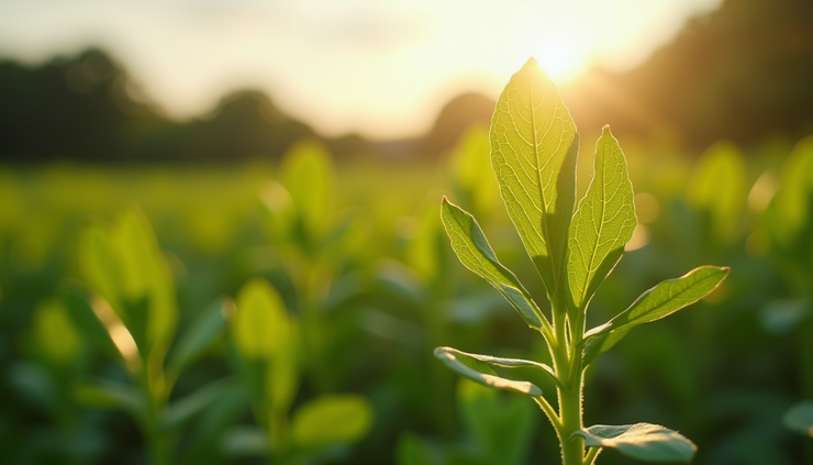 Eye-level view of fresh skull cap leaves growing in an organic farm field