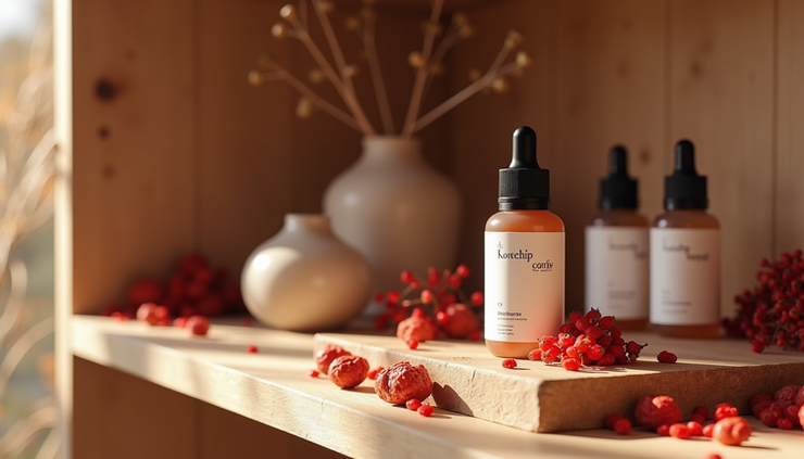 Eye-level view of a natural skincare display featuring rosehip serum bottles and dried rosehips