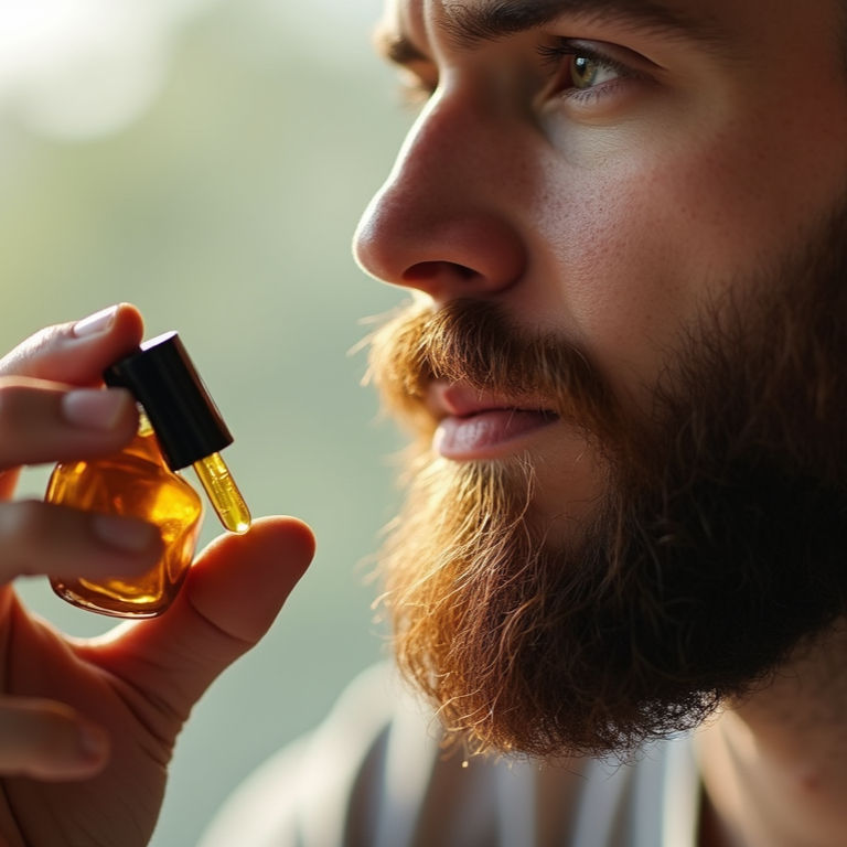 Thumbnail: Man with beard holding a glass bottle of beard oil