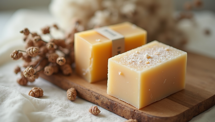 Eye-level view of artisan soap gift set with decorative packaging
