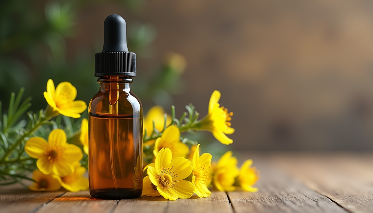 Close-up view of a glass bottle filled with St Johns Wort tincture surrounded by fresh yellow St Johns Wort flowers