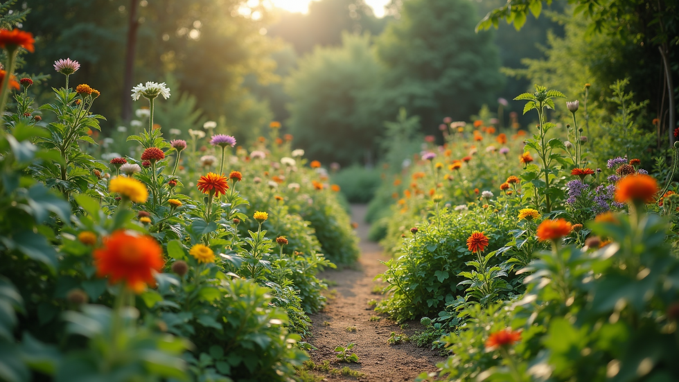 Eye-level view of a vibrant organic garden with various plants