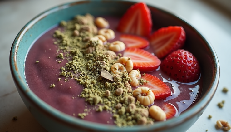 Eye-level view of a smoothie bowl with Brain Focus powder sprinkled on top