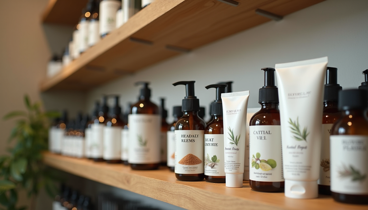 Eye-level view of a natural wellness shop interior with shelves of organic skincare products