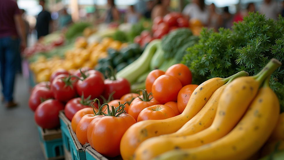 Eye-level view of a farmer's market with organic produce
