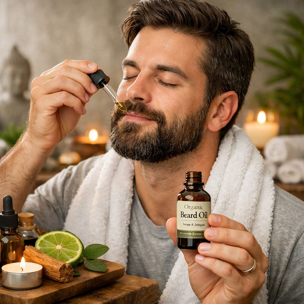 Thumbnail: a man  with a cearl glass bottle of beard oil using it