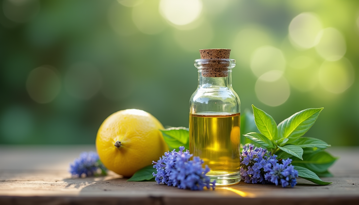 Close-up view of a glass bottle with herbal tincture and fresh herbs on wooden table