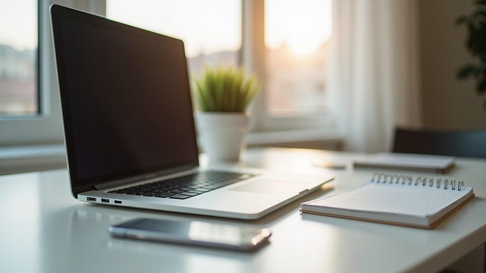 Close-up view of a serene workspace with a laptop and a notepad