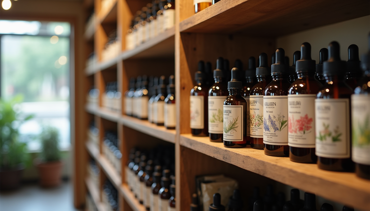 Eye-level view of herbal apothecary shelves filled with tinctures and natural wellness products
