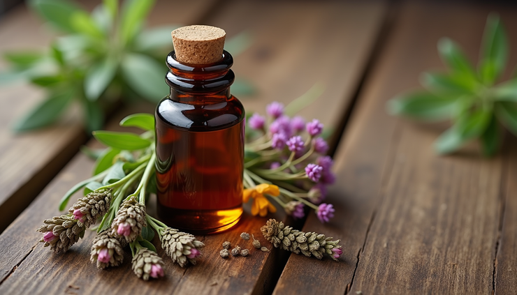 High angle view of herbal tincture bottle with fresh herbs and dried flowers on rustic wooden table