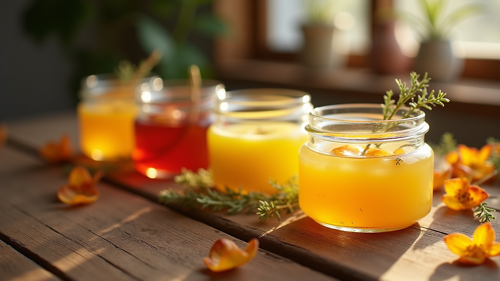 Eye-level view of a collection of infused tallow jars with seasonal scents