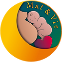 Logo von Mat et Vie, ein Baby haut an Haut am Bauch einer schwangeren Frau, ein Herz und der Mond